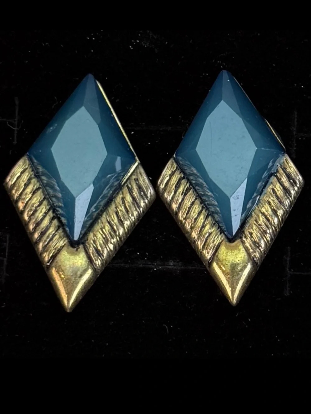 Vintage Teal Blue Aged Goldtone Geometric Pierced Earrings